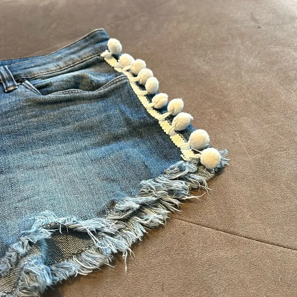 STS Blu Distressed Blue Jean Shorts with Pom-Pom Trim - Picture 8 of 12
